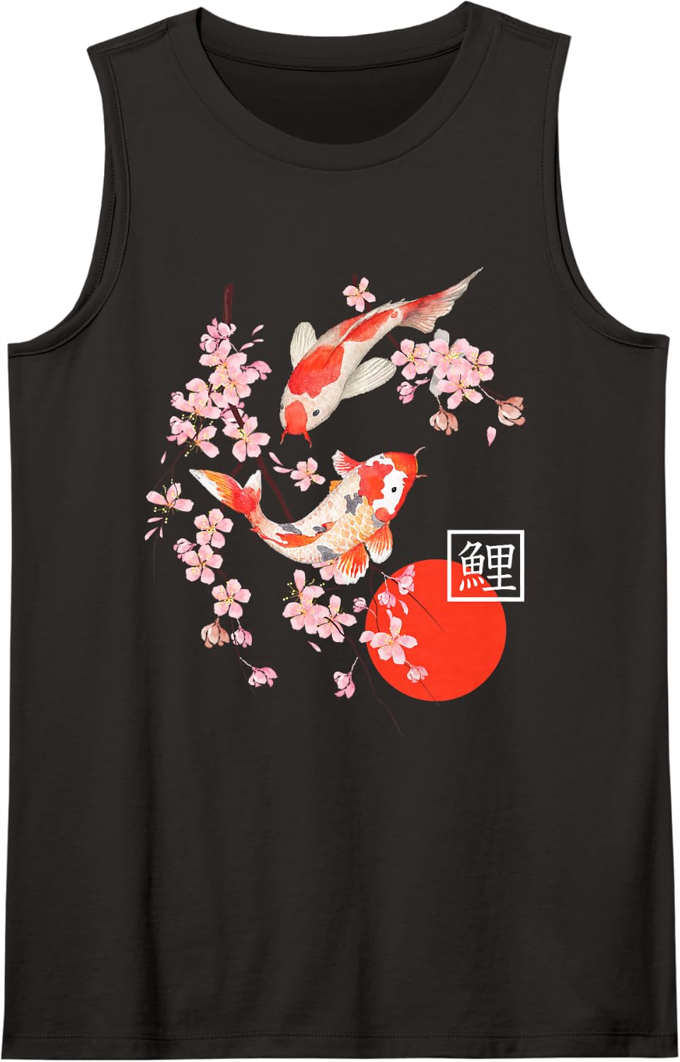 Japanese Koi Fish Cherry Blossom Sakura Aesthetic Sleeveless Tank Top - Black