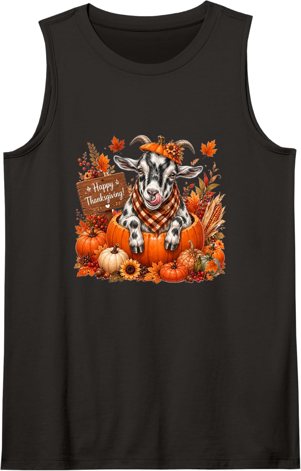 Goat Inside Pumpkin Fall Leaves Thanksgiving Owner Family Sleeveless Tank Top - Black
