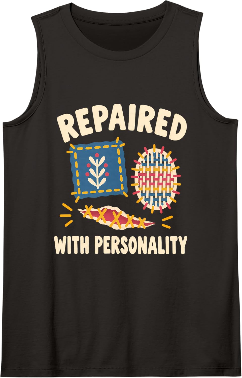 Repaired with Personality Visible Mending Embroidery Sleeveless Tank Top - Black