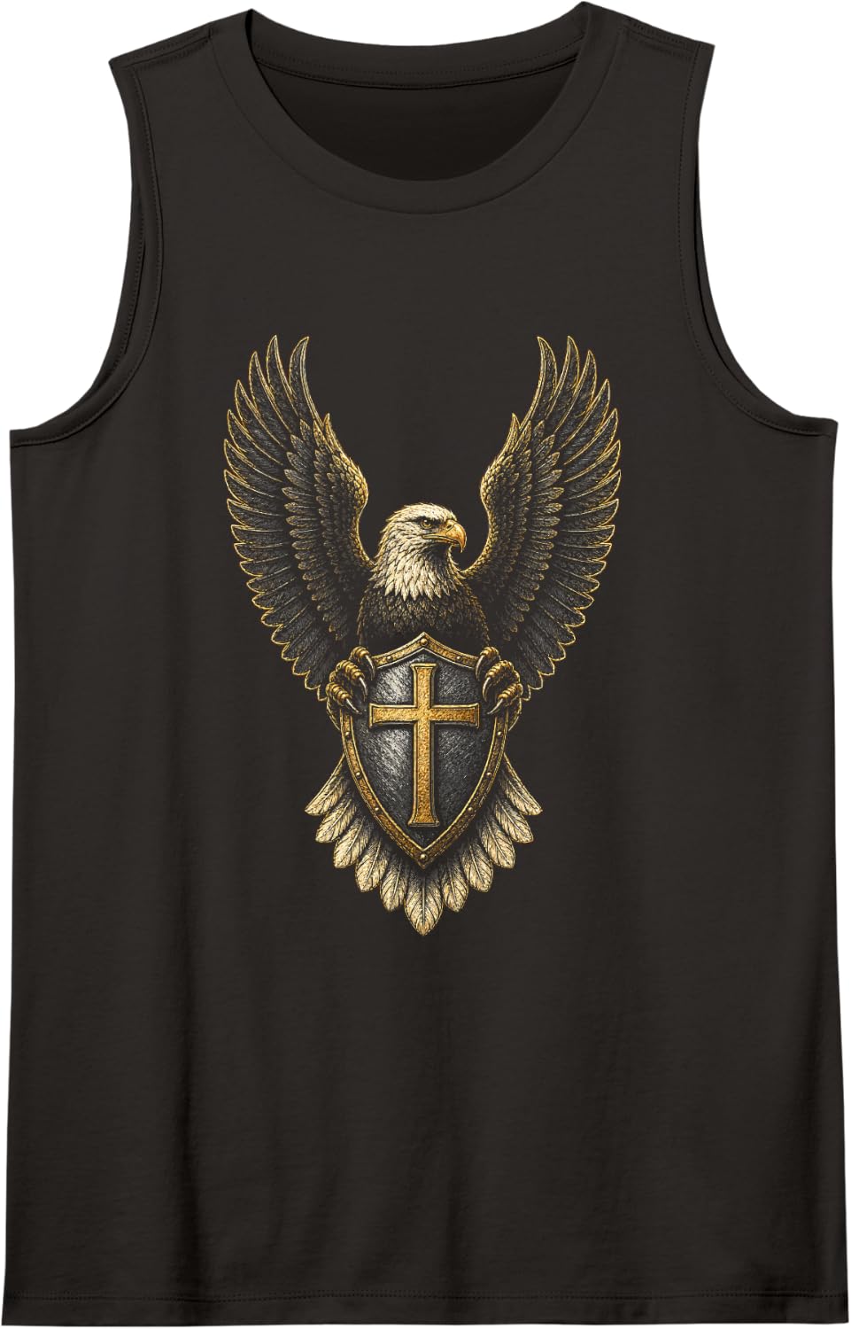 Christian Cross Bald Eagle Shield Engraving for Men Sleeveless Tank Top - Black