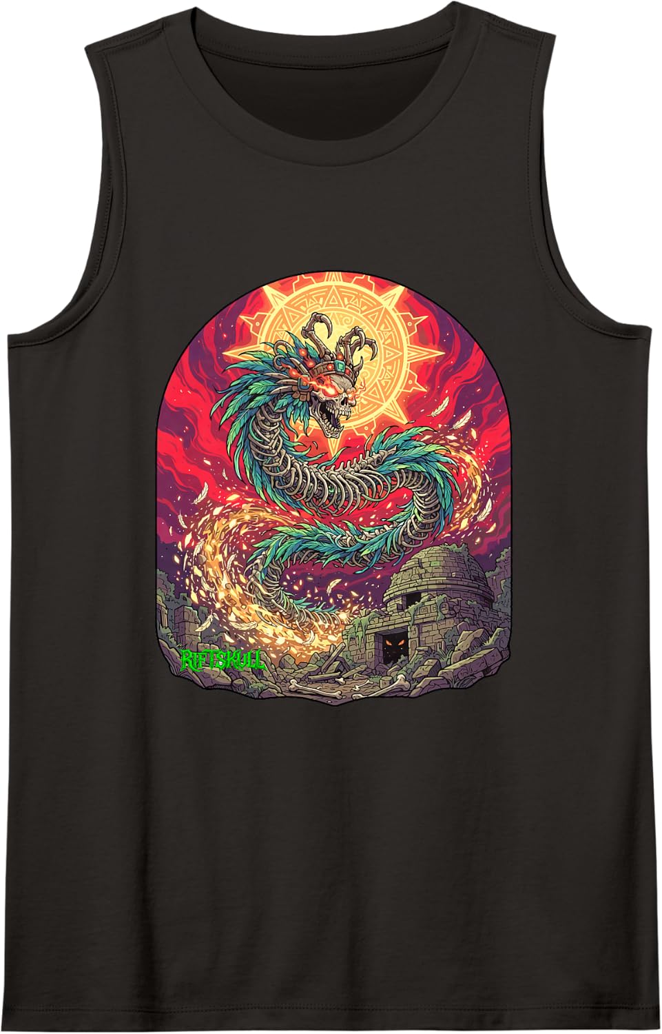 Skeleton Feathered Serpent Aztec Mythological Dark Fantasy Sleeveless Tank Top - Black