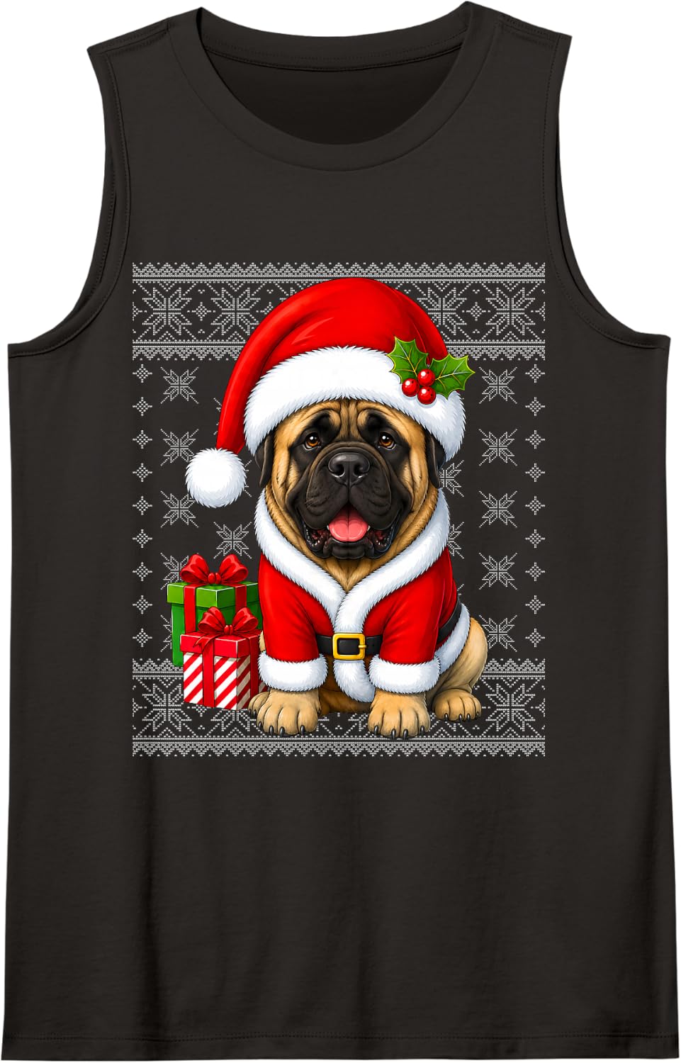 Mastiff Dog in Christmas Santa Costume Ugly Sweaters Xmas Sleeveless Tank Top - Black