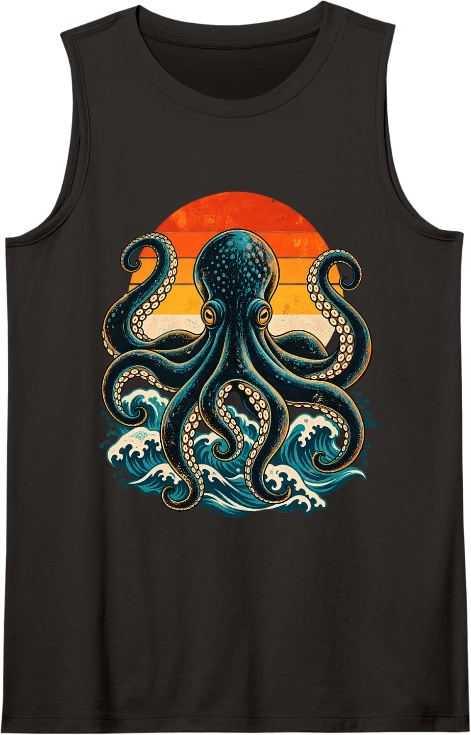 Retro Sunset Octopus Coastal Wave Ocean Art Sleeveless Tank Top - Black