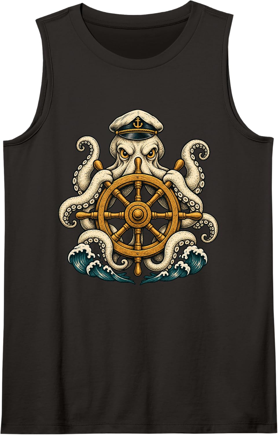 Vintage Octopus Captain Nautical Sailing Sleeveless Tank Top - Black