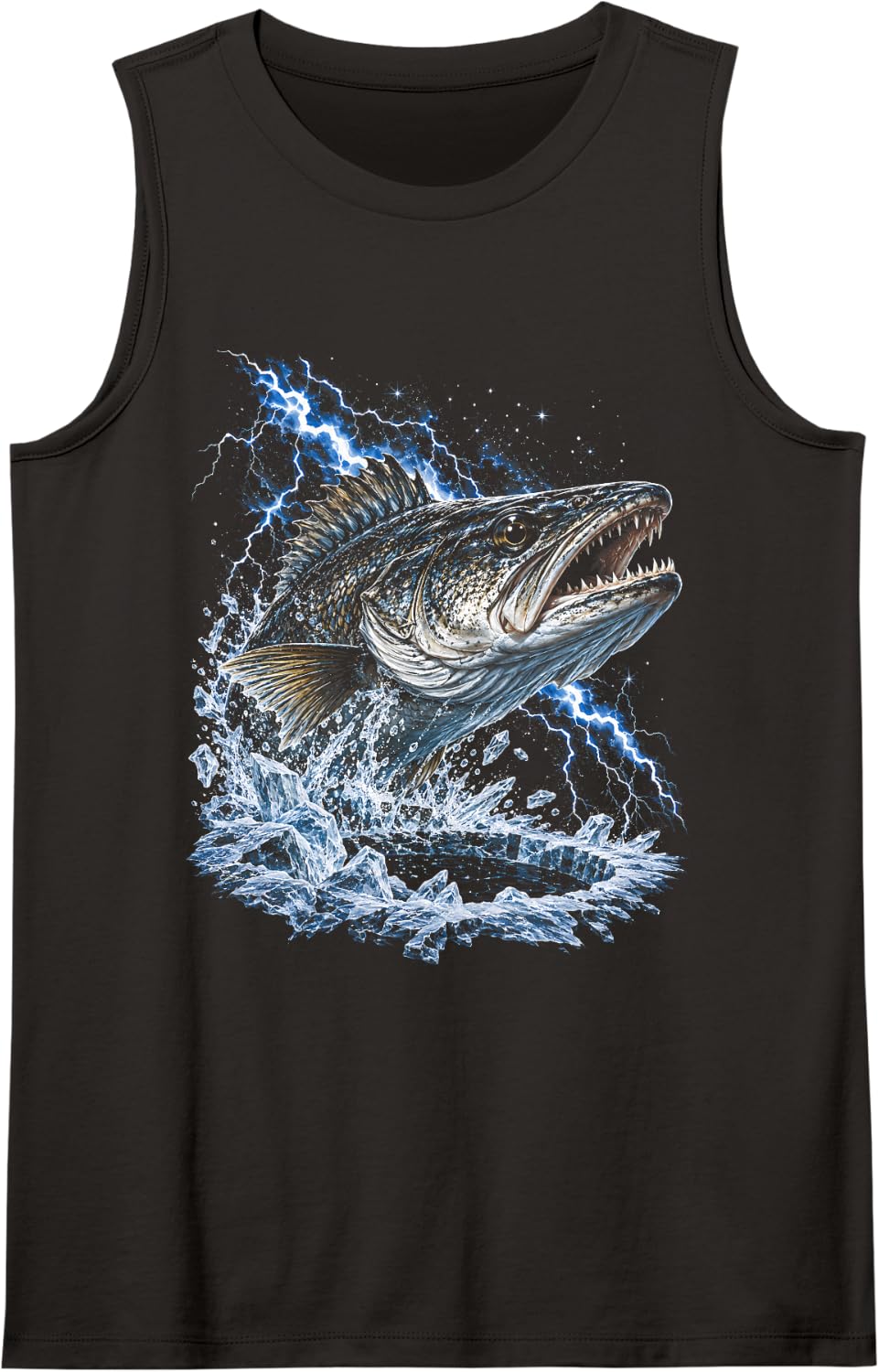 Ice Fishing Walleye Lightning Storm Night Ice Lake Fish Sleeveless Tank Top - Black