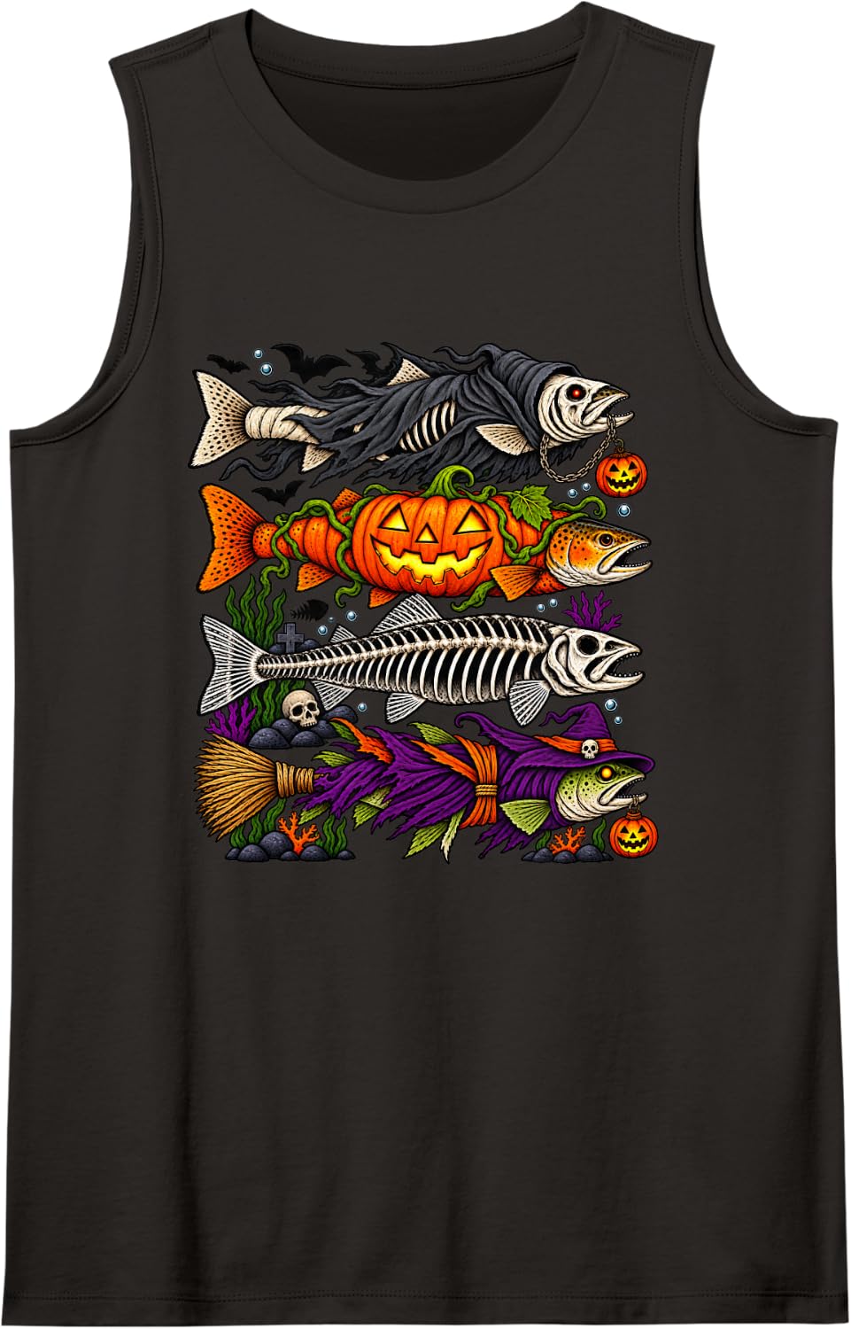 Trout Fish Ghost Pumpkin Skeleton Halloween Witch Sleeveless Tank Top - Black