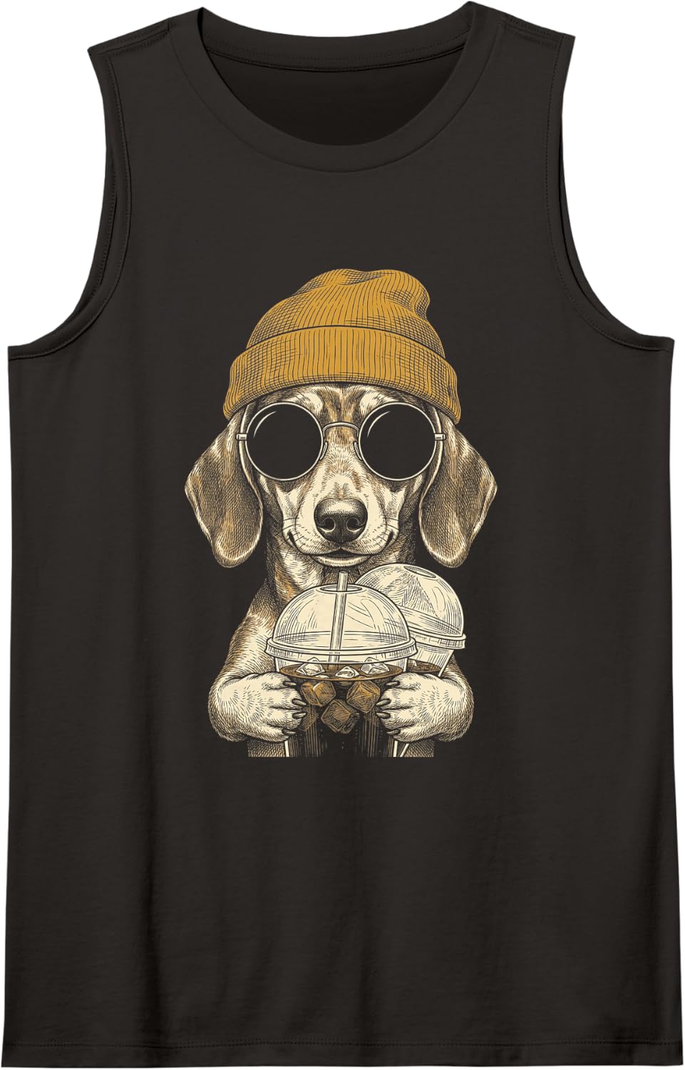 Beagle Drinking Iced Coffee Funny Hipster Sleeveless Tank Top - Black
