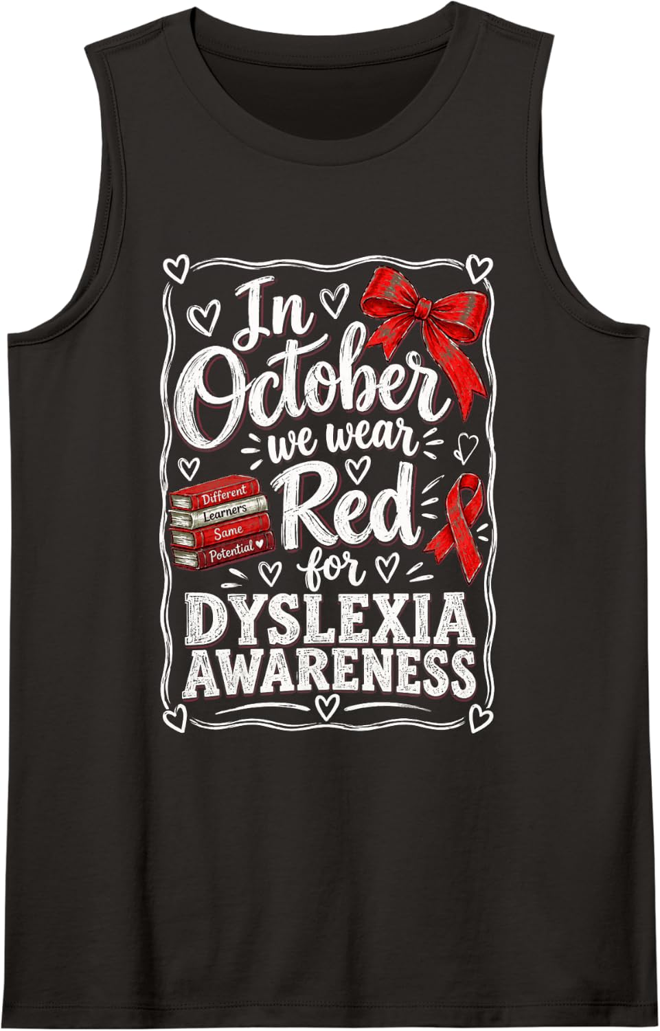 in October We Wear Red Dyslexia Awareness Reading Support Sleeveless Tank Top - Black