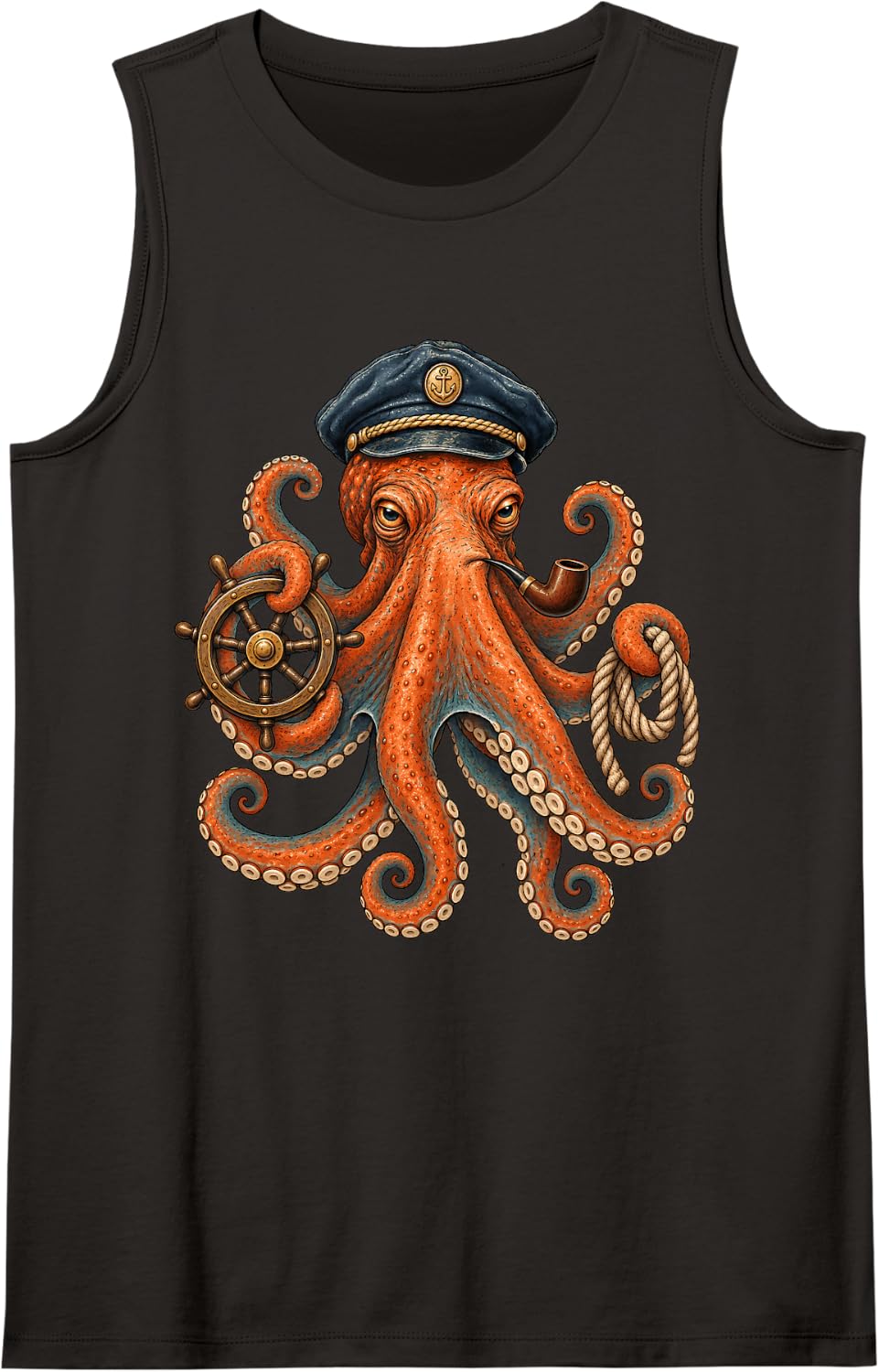 Captain Octopus Sailor Nautical Ship Wheel Ocean Sleeveless Tank Top - Black