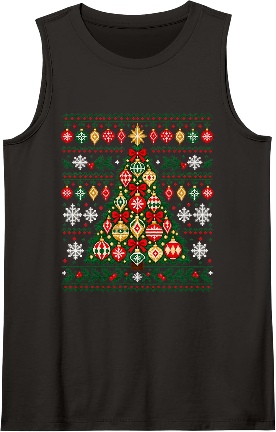Ugly Christmas Sweater Pattern Tree with Ornaments & Bows Sleeveless Tank Top - Black