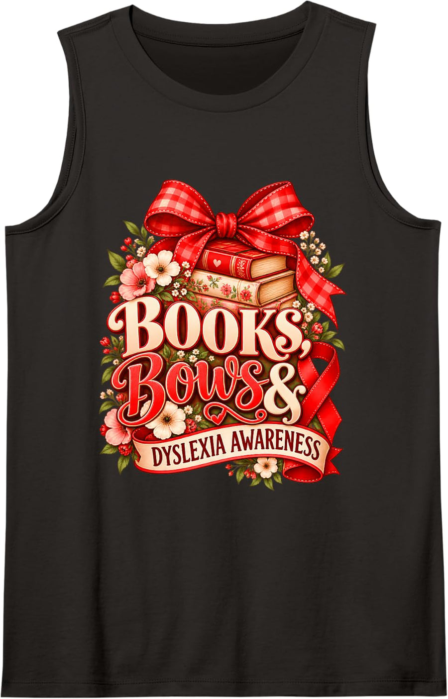 Books Bows & Dyslexia Awareness Sleeveless Tank Top - Black