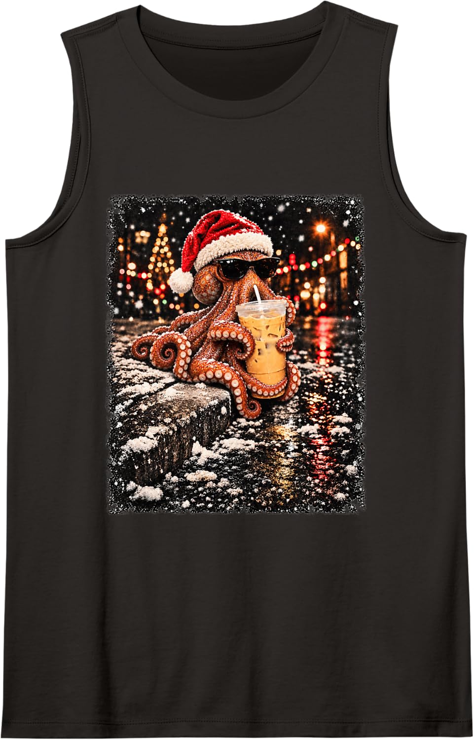Funny Octopus Drinking Iced Coffee Christmas Animal Meme Sleeveless Tank Top - Black