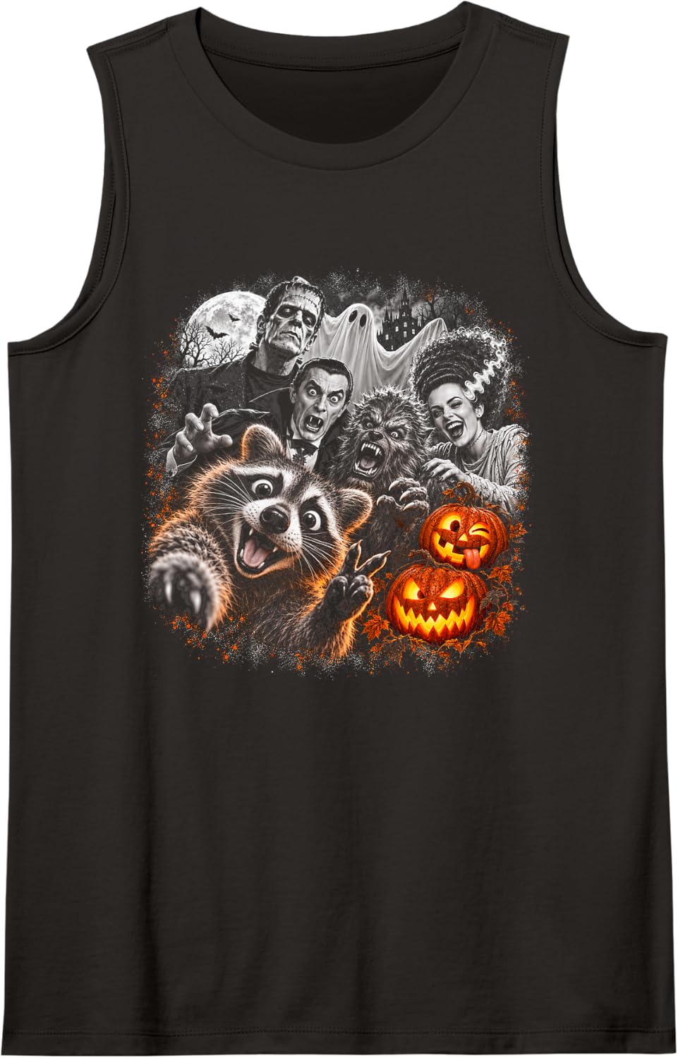 Halloween Raccoon Monster Selfie Stacked Pumpkins Art Sleeveless Tank Top - Black