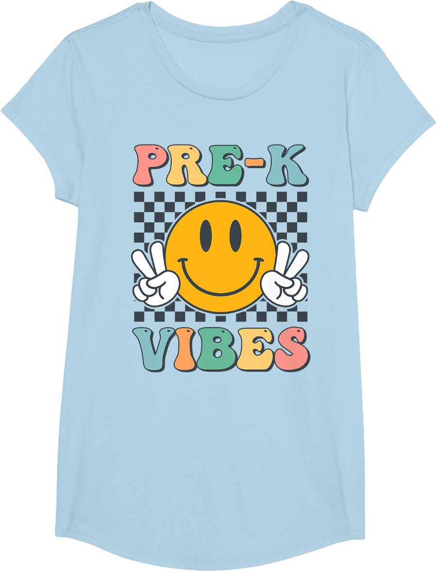 Pre-K Vibes Smile Back To School Tee Pre K Team Teacher T-Shirt For Teachers Kids - Girls Baby Blue