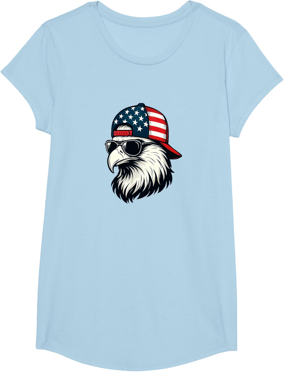 Patriotic Bald Eagle American Flag Cool 4th of July Graphic T-Shirt - Girls Baby Blue