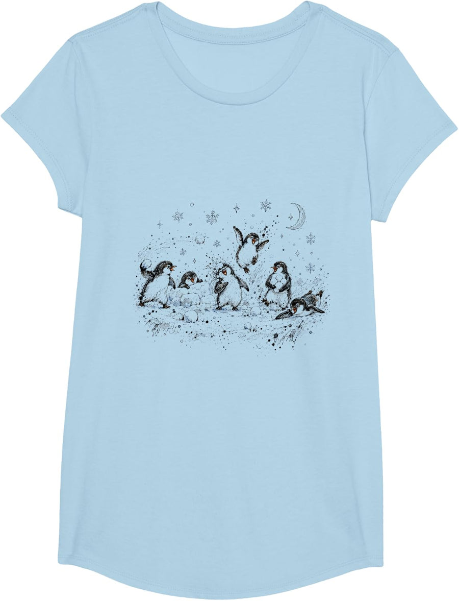 Winter Snowball Fight - Penguins T-Shirt - Girls Baby Blue
