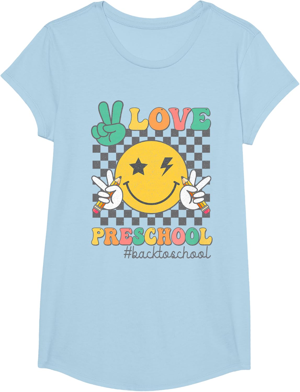 Peace Love Preschool Smile Face Back To School PRESCHOOL T-Shirt - Girls Baby Blue