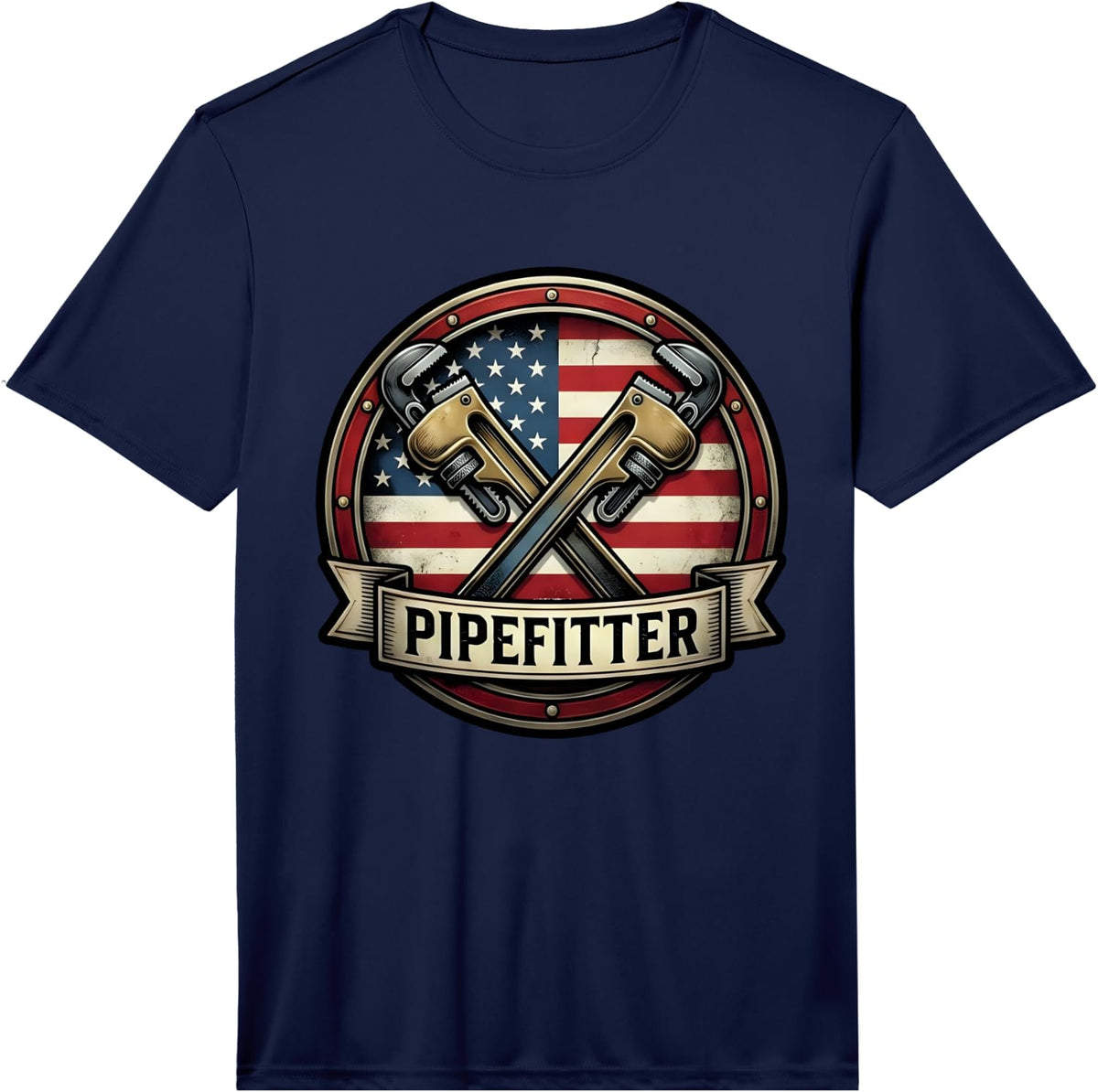 Mens Pipefitter American Flag Plumber Trade Worker Performance T-Shirt - Navy Blue