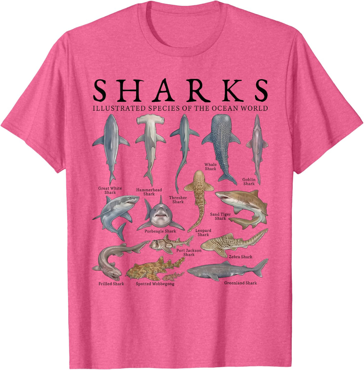 Shark Species Marine Biology Ocean Animal Art Tees T Shirts for Men Women - Pink Heather