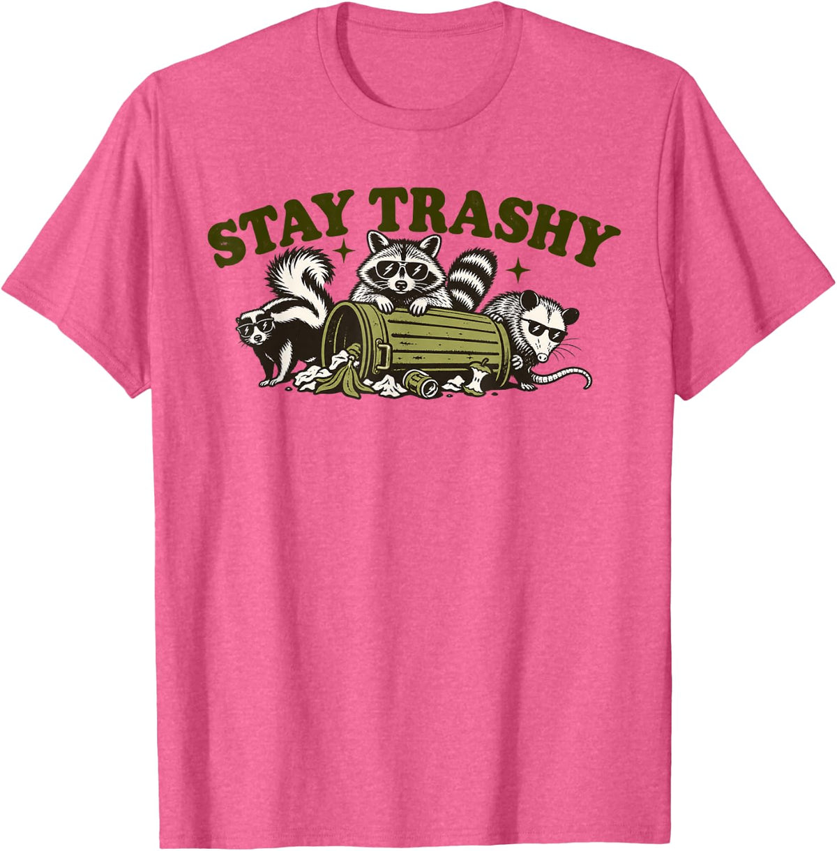 Stay Trashy Raccoon, Opossum and Skunk Trash Can Crew T-Shirt - Pink Heather