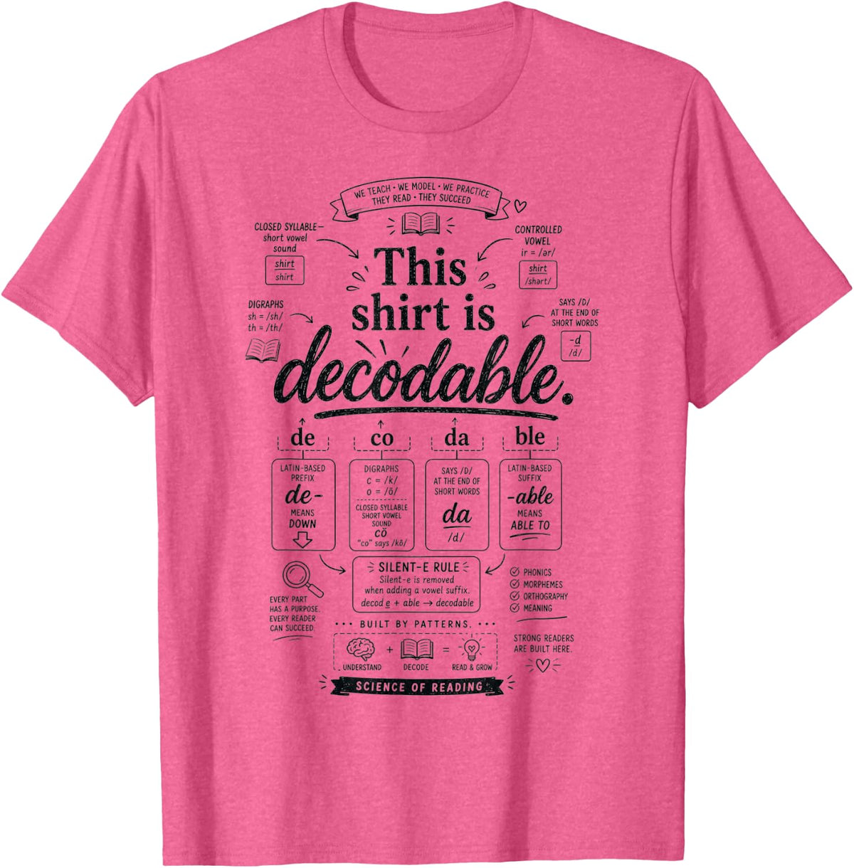 Retro Decodable Reading Specialist Structured Literacy T-Shirt - Pink Heather