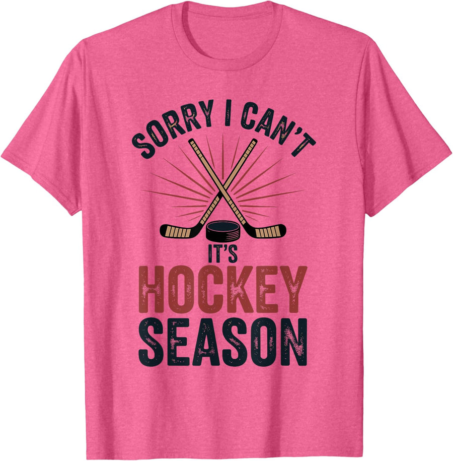 Sorry I Can't It's Hockey Season Funny Ice Hockey T-Shirt - Pink Heather