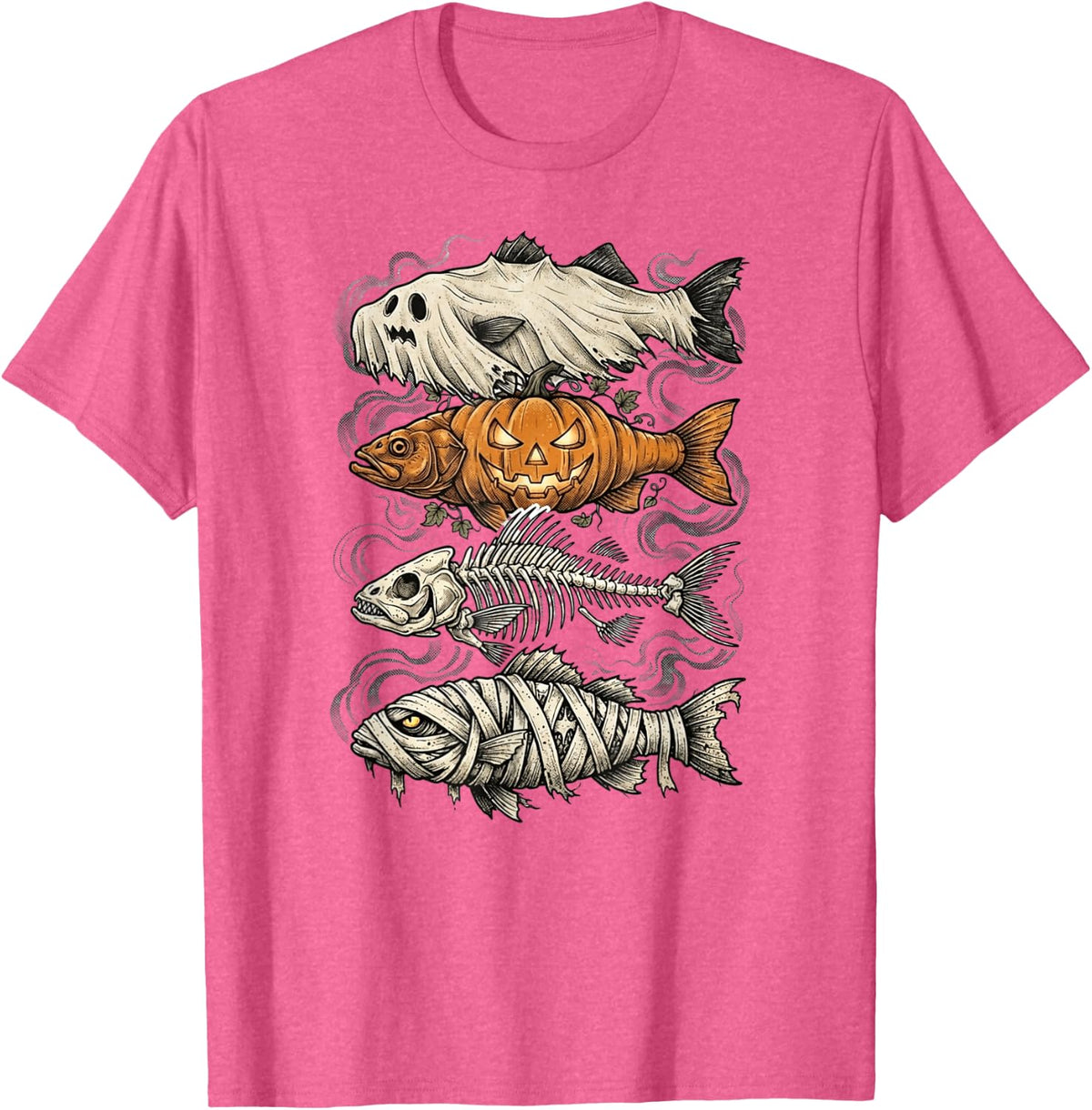 Halloween Trout Fish Ghost Pumpkin Skeleton Mummy Costume T-Shirt - Pink Heather
