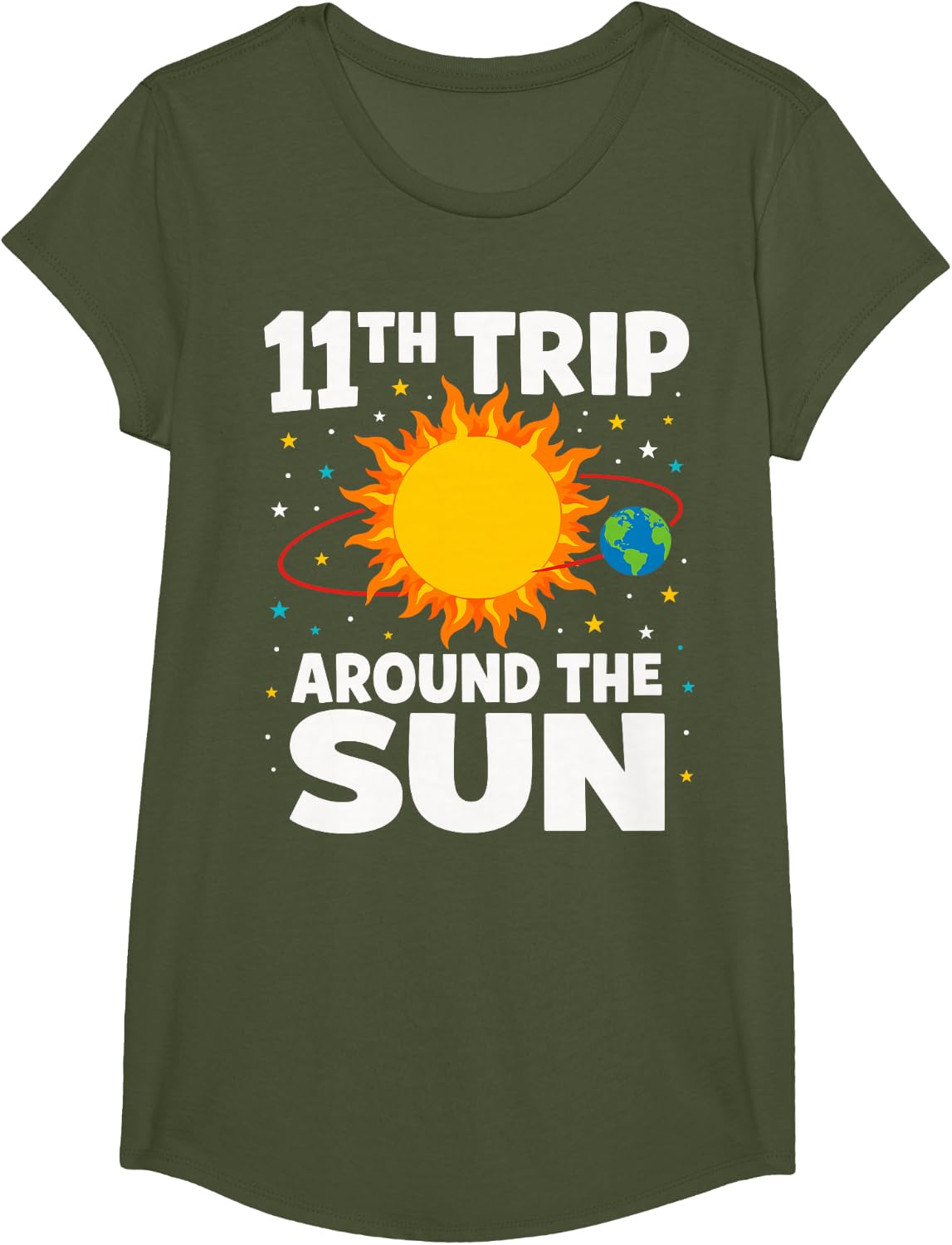 11th Trip Around The Sun Space 11th Birthday Kids T-Shirt - Girls Olive Green