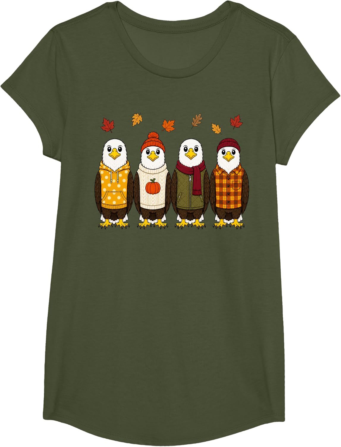 Bald Eagle Fall Autumn Season Pumpkin Bird T-Shirt - Girls Olive Green