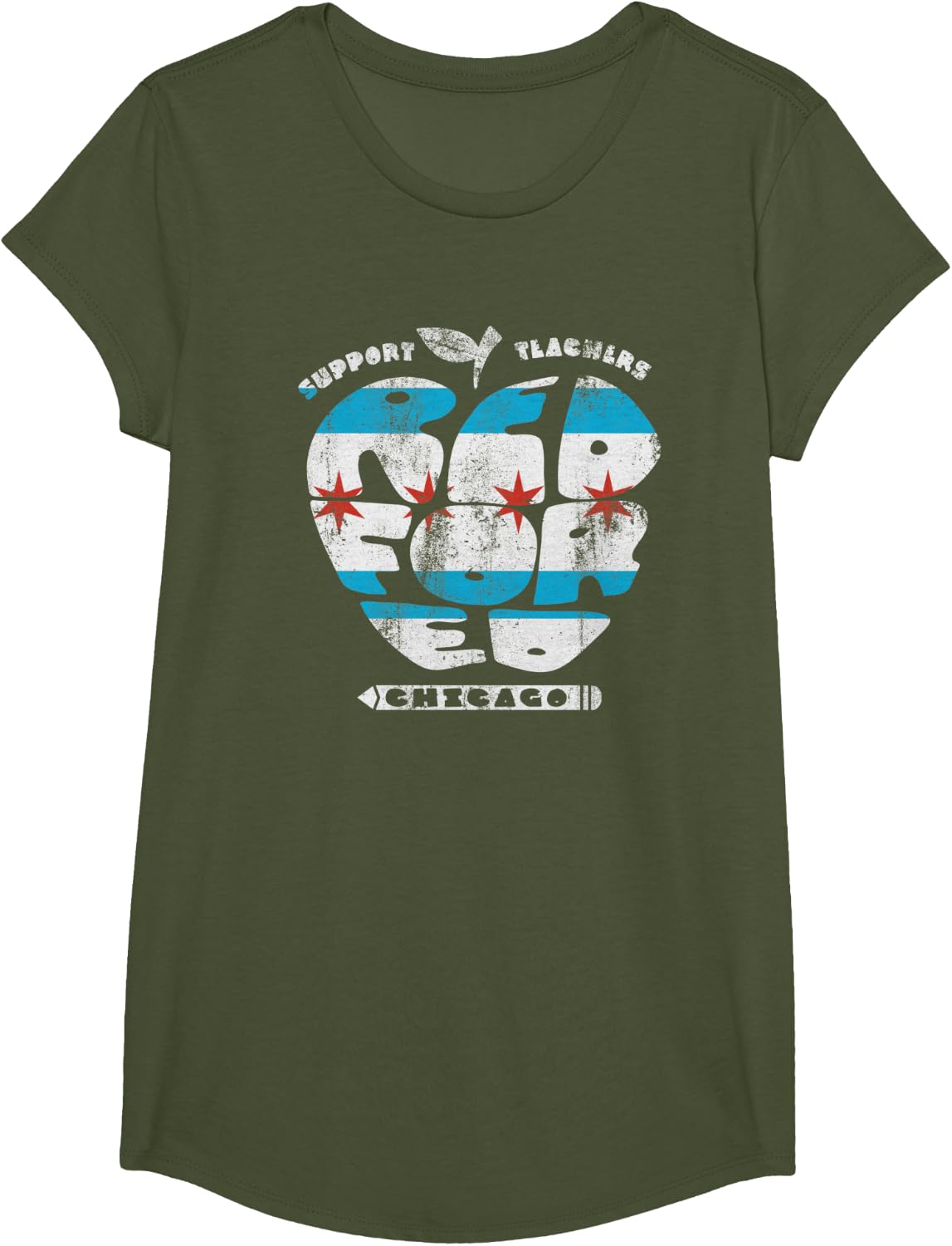 Chicago Teachers Union Vintage Apple Flag Red For Ed T-Shirt - Girls Olive Green