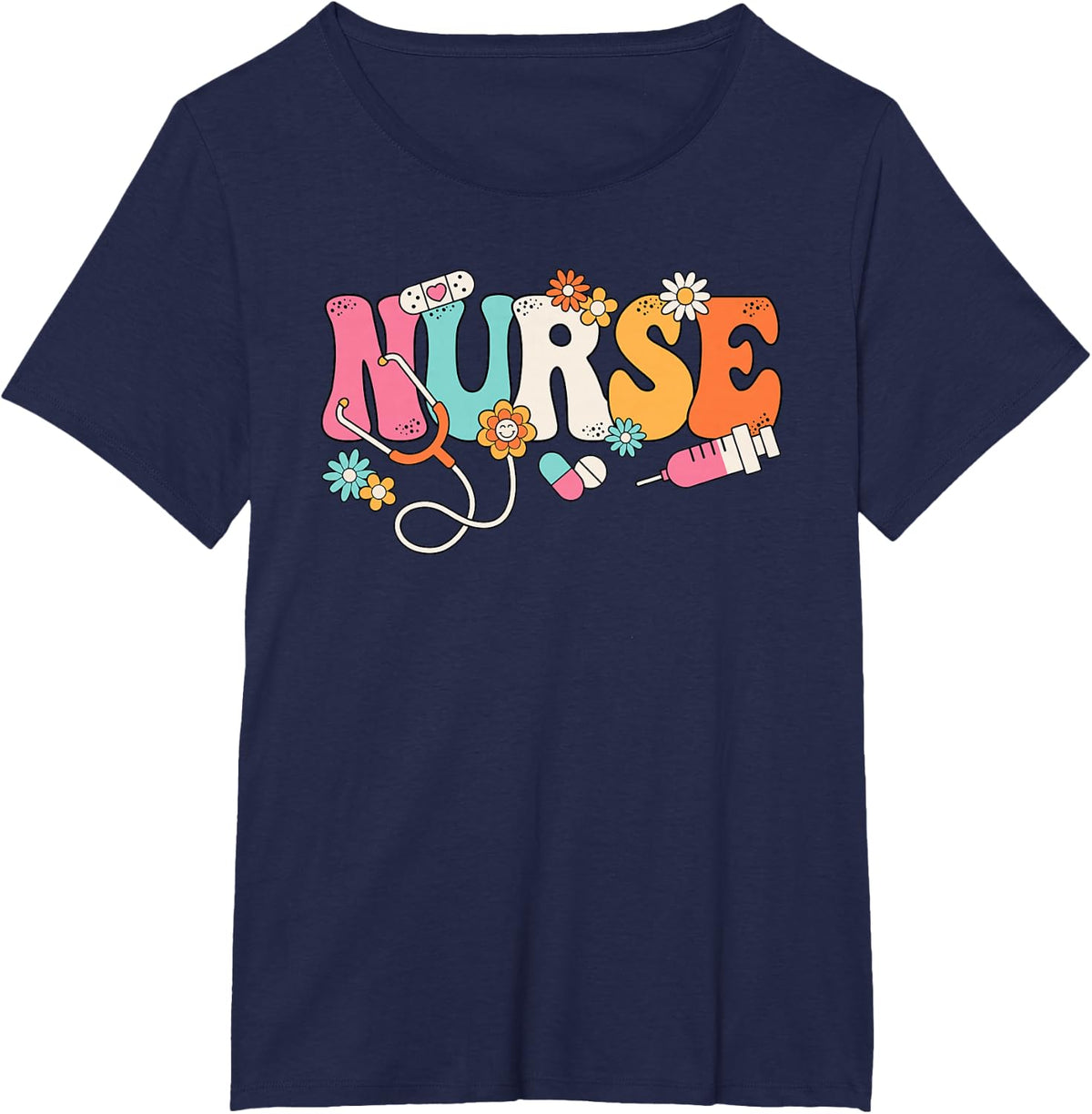 Cute Groovy Nurse Flower Nursing Tee T Shirt Women Gift - Navy Blue