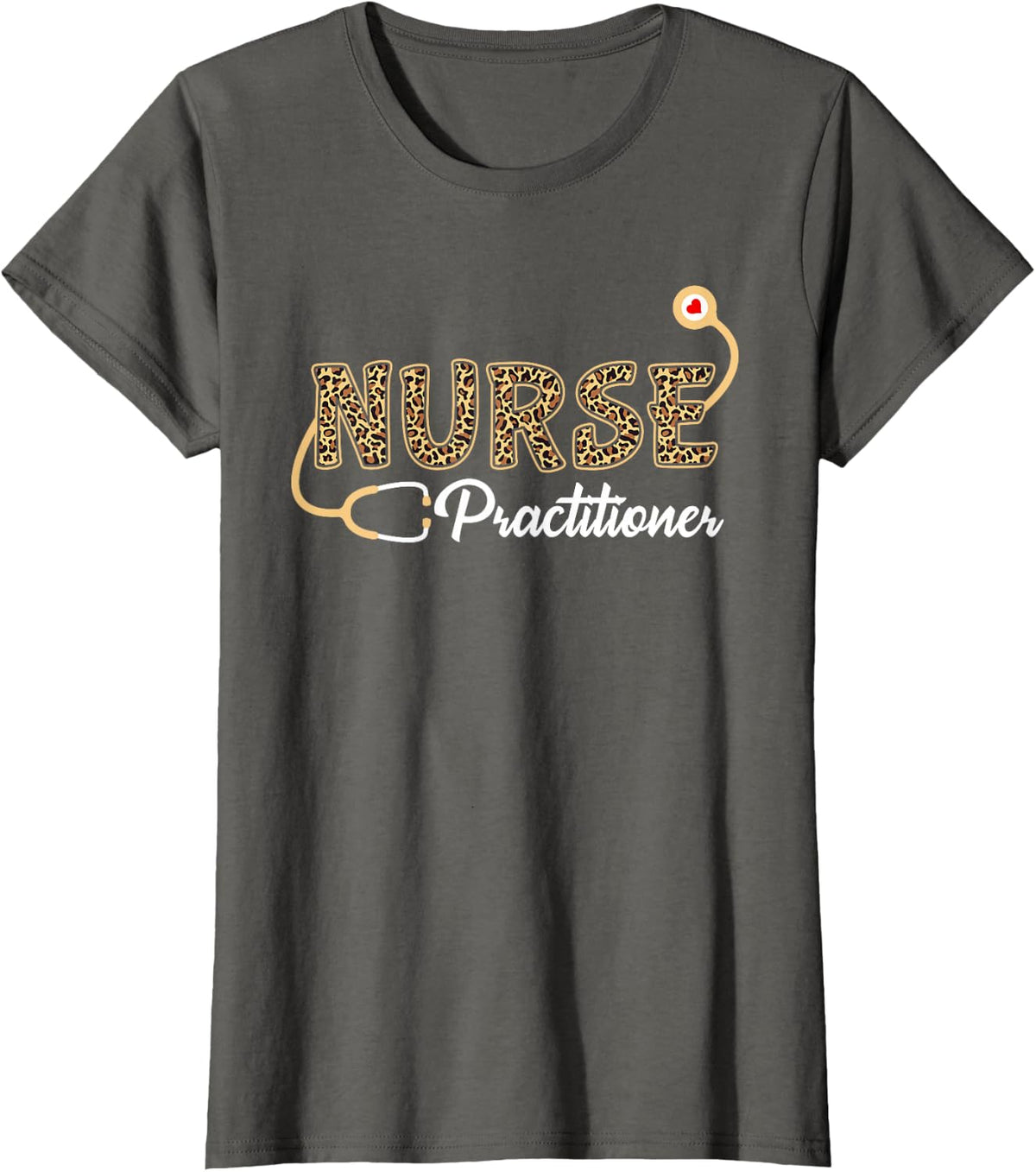 Nurse Practitioner Leopard Print Stethoscope Heart Nursing T-Shirt - Asphalt Grey