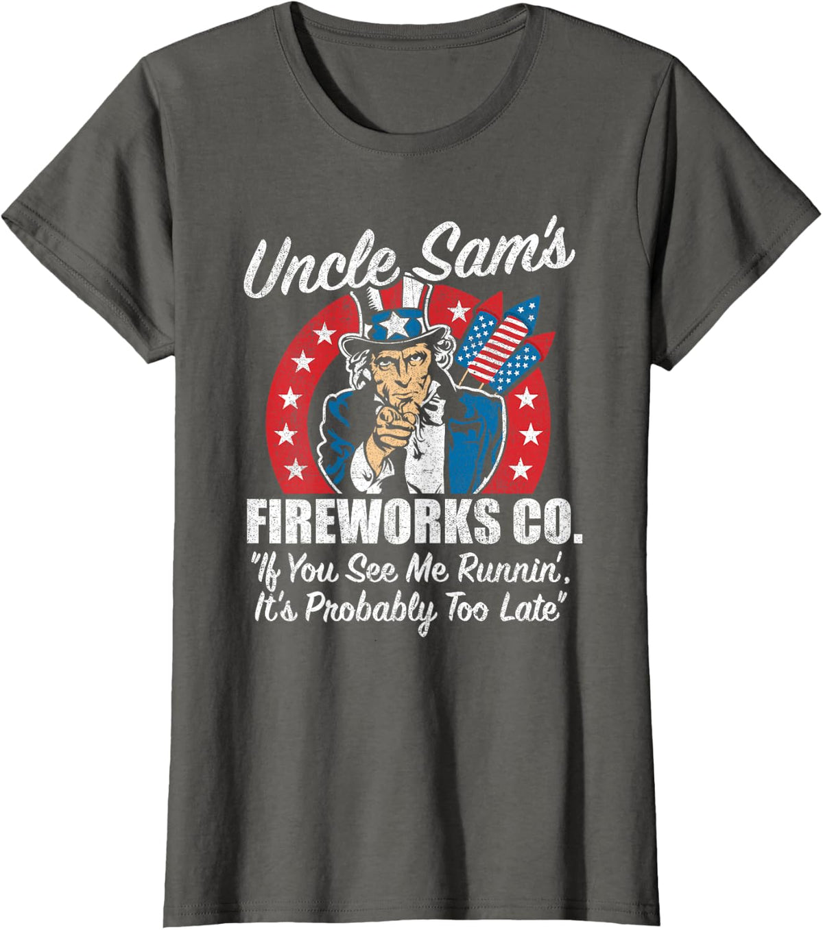 Uncle Sam's Fireworks If You See Me Runnin Funny 4th of July T-Shirt - Asphalt Grey