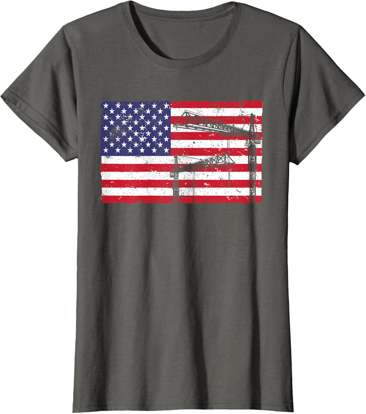 Funny Crane Operator For Men Women Heavy Tower Crane US Flag T-Shirt - Asphalt Grey