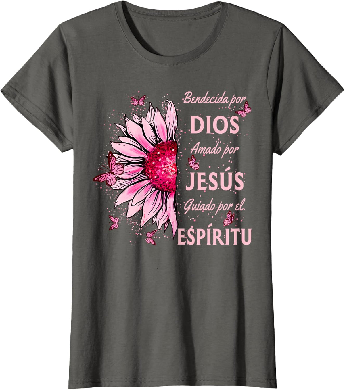 Blessed By God Loved By Jesus Pink Sunflower Spanish T-Shirt - Asphalt Grey