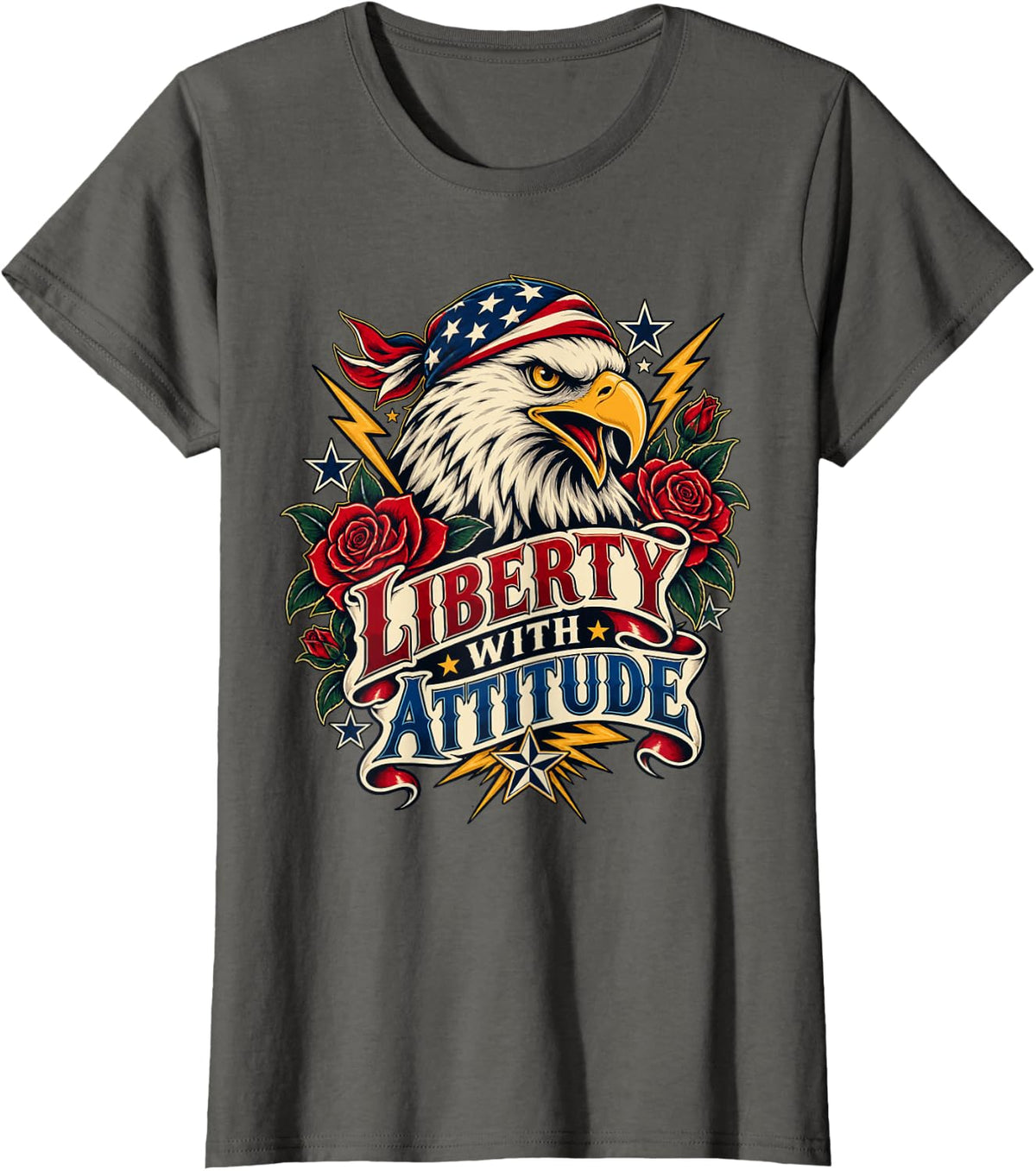USA Illustrated Patriotic Eagle Liberty with Attitude T-Shirt - Asphalt Grey