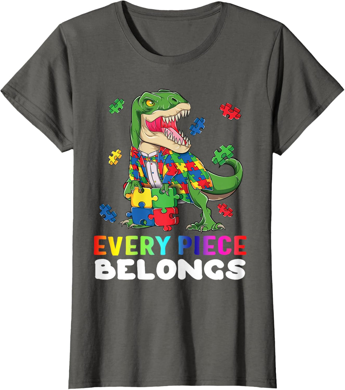 T rex Dinosaur Puzzle Piece Autism Awareness Boys Kids Gift T-Shirt - Asphalt Grey