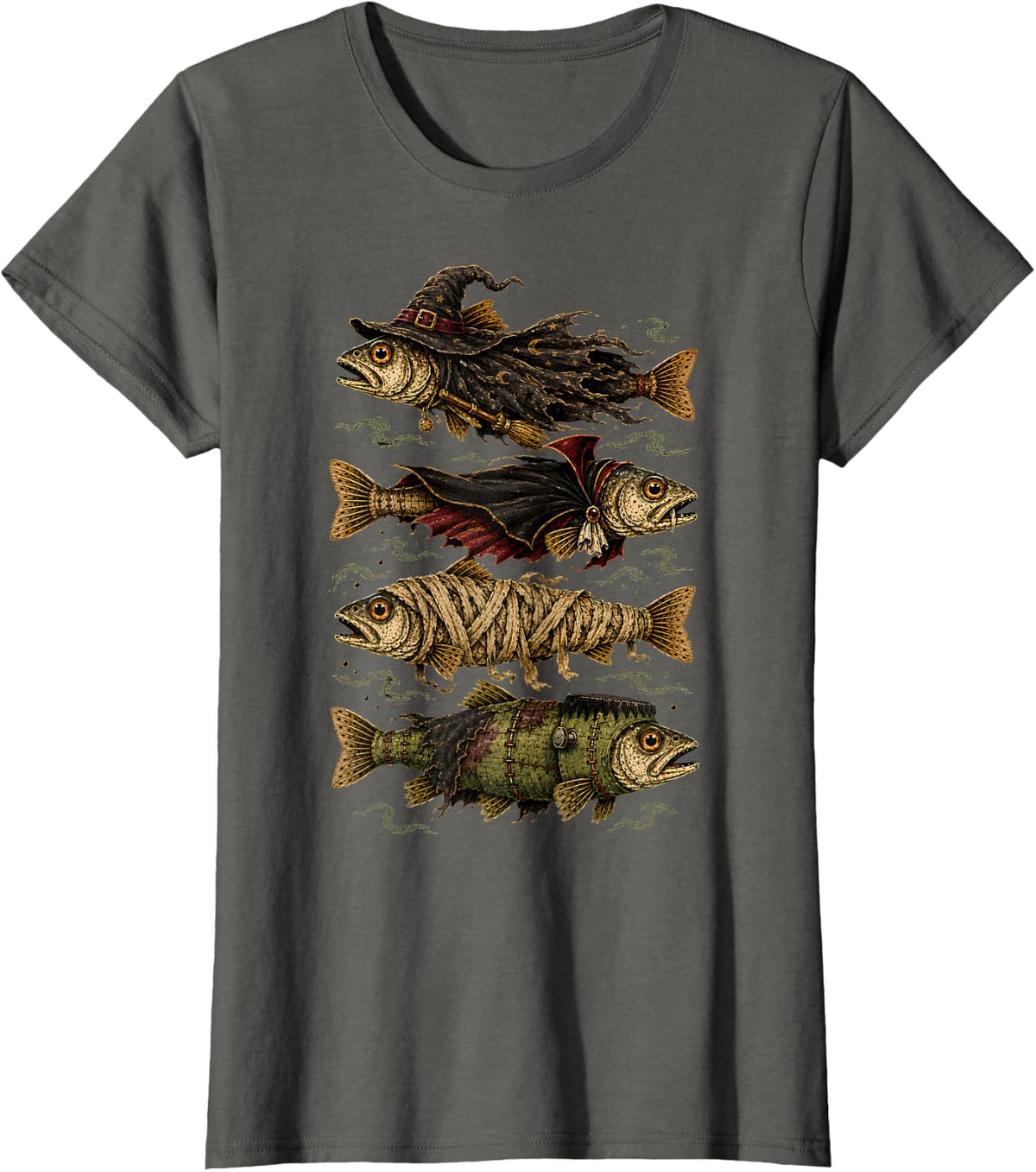 Halloween Trout Fish Ghost Vampire Skeleton Mummy Vintage T-Shirt - Asphalt Grey