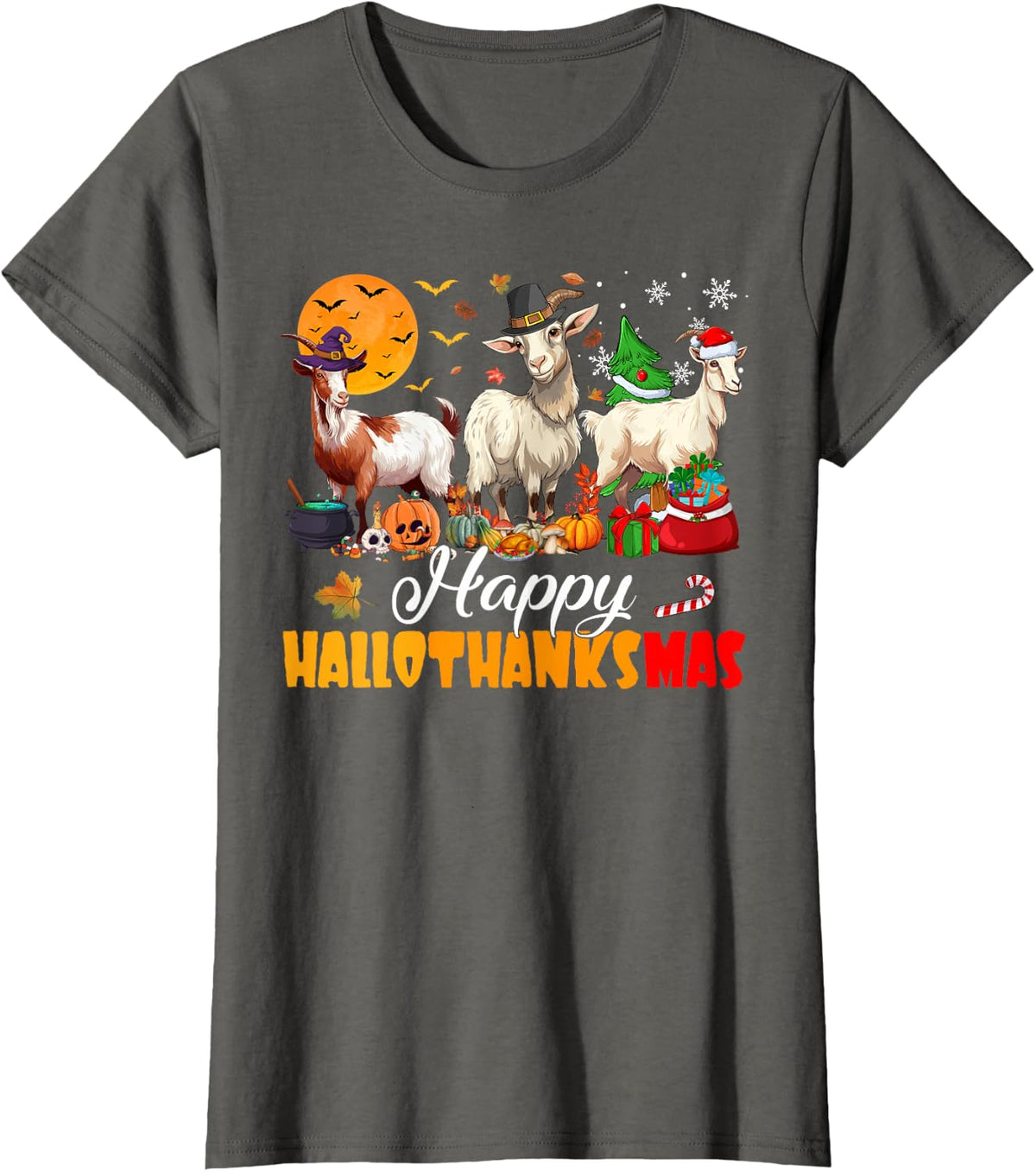 Happy Hallothanksmas Goat Halloween Thanksgiving Christmas T-Shirt Tee for Men Women Kids - Asphalt Grey
