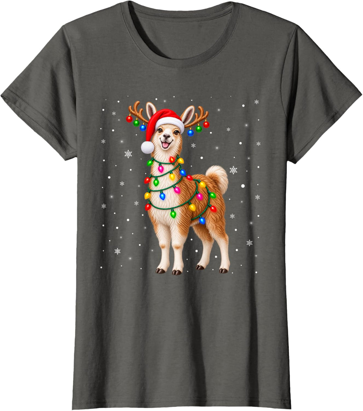 Llama Christmas Tree Lights Sweater Xmas Pajamas T-Shirt - Asphalt Grey