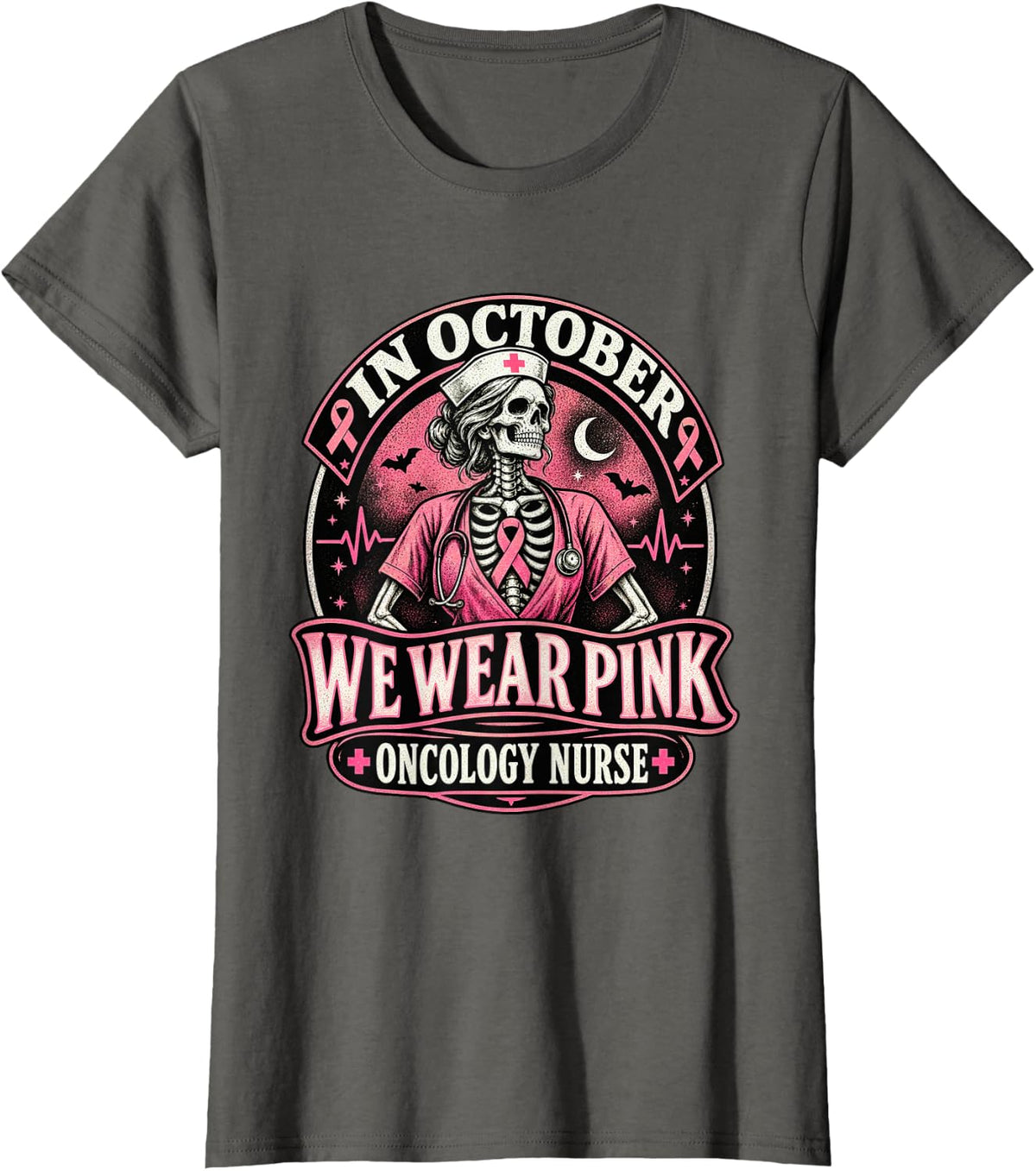 in October Wear Pink Breast Cancer Oncology Nurse Skeleton T-Shirt - Asphalt Grey