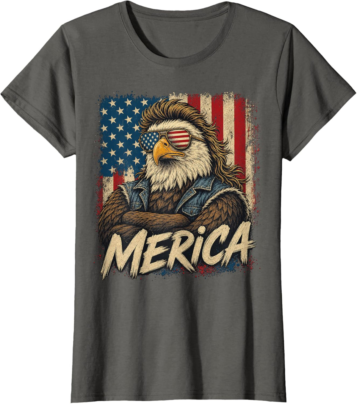 Bald Eagle with Mullet and Sunglasses Humor T-Shirt - Asphalt Grey