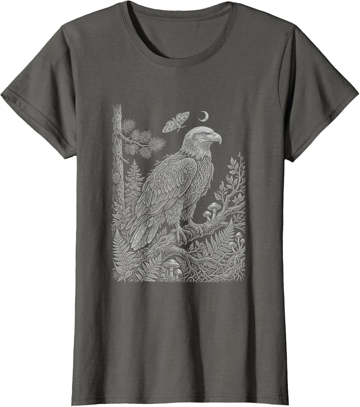 Bald Eagle Forest Mystical Spirit Moon Floral T-Shirt - Asphalt Grey