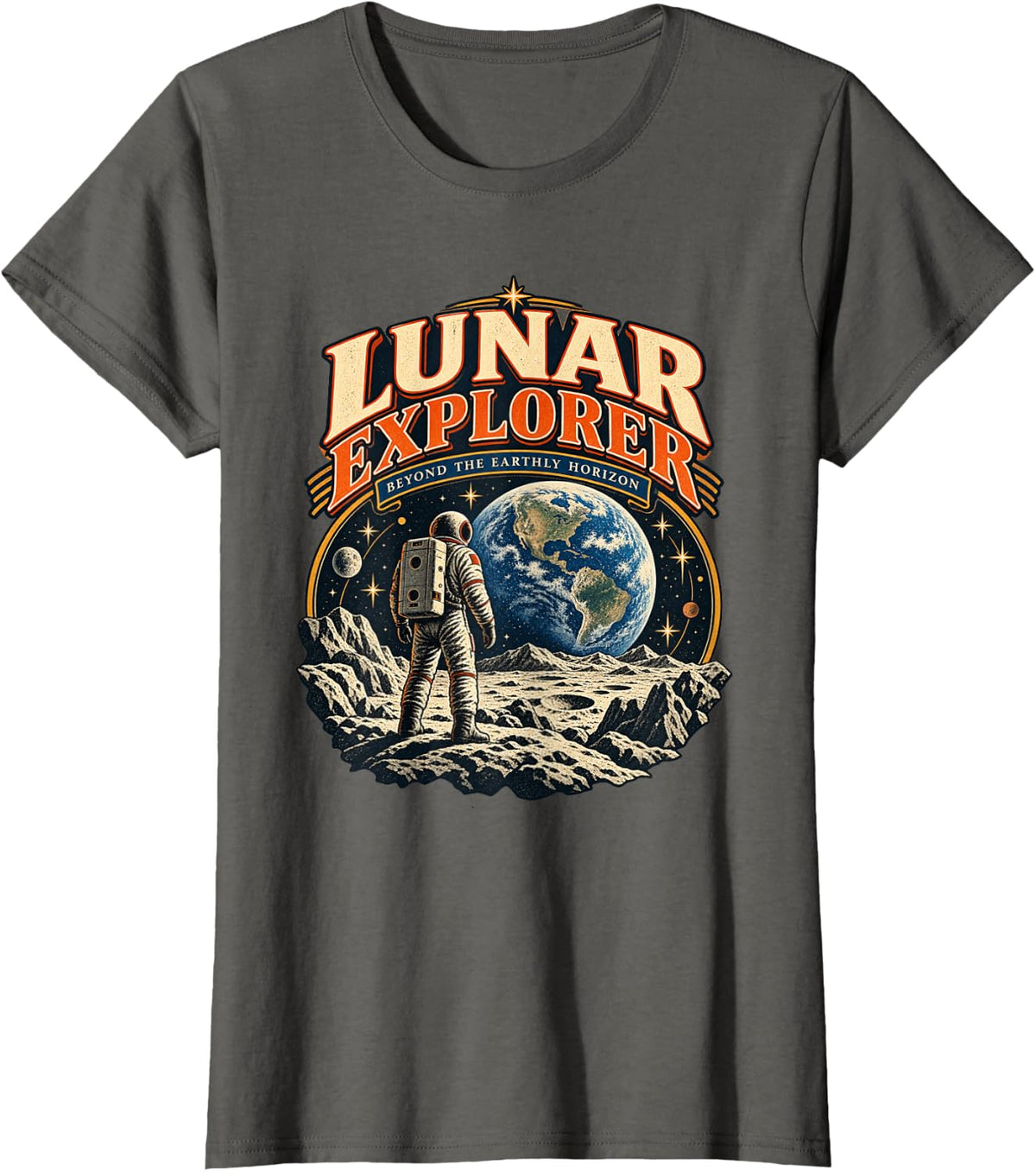 Vintage Lunar Explorer Astronaut Space Adventure T-Shirt - Asphalt Grey