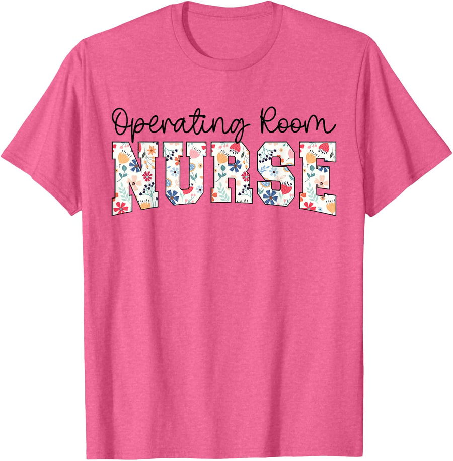 Operating Room Nurse Retro Floral Nursing Life T-Shirt - Pink Heather