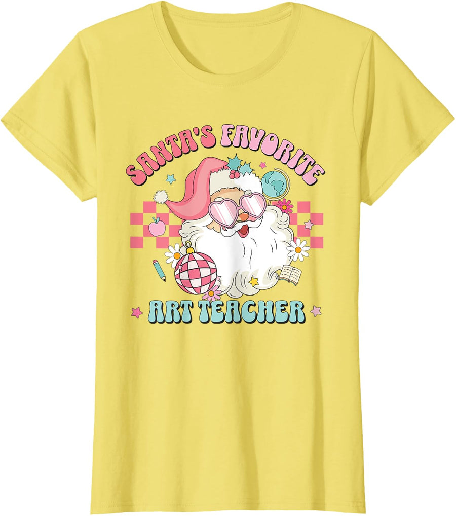 Retro Pink Christmas Santa's Favorite Art Teacher Artist T-Shirt - Lemon Yellow