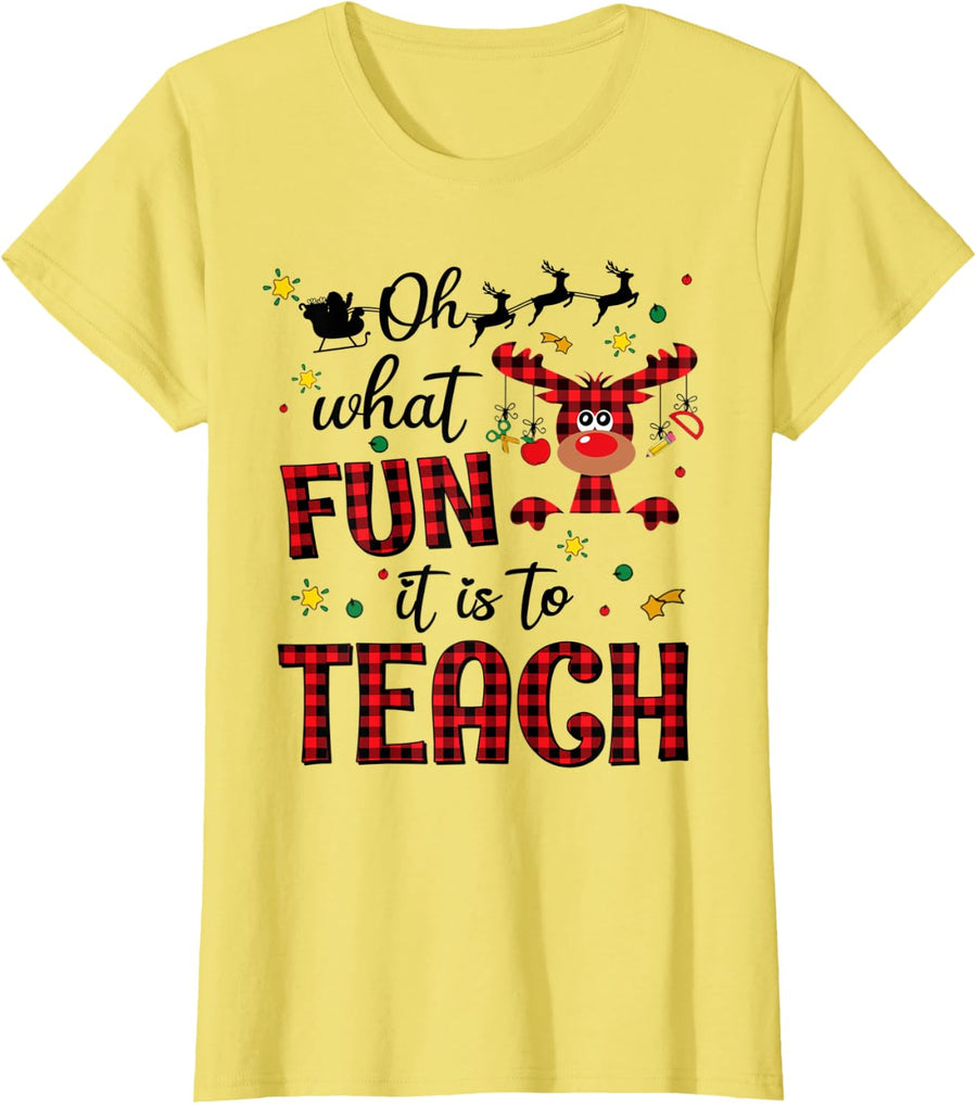 Teachers Oh What Fun It Is To Teach Cute Red Plaid Reindeer T-Shirt Tee For Women Men - Lemon Yellow