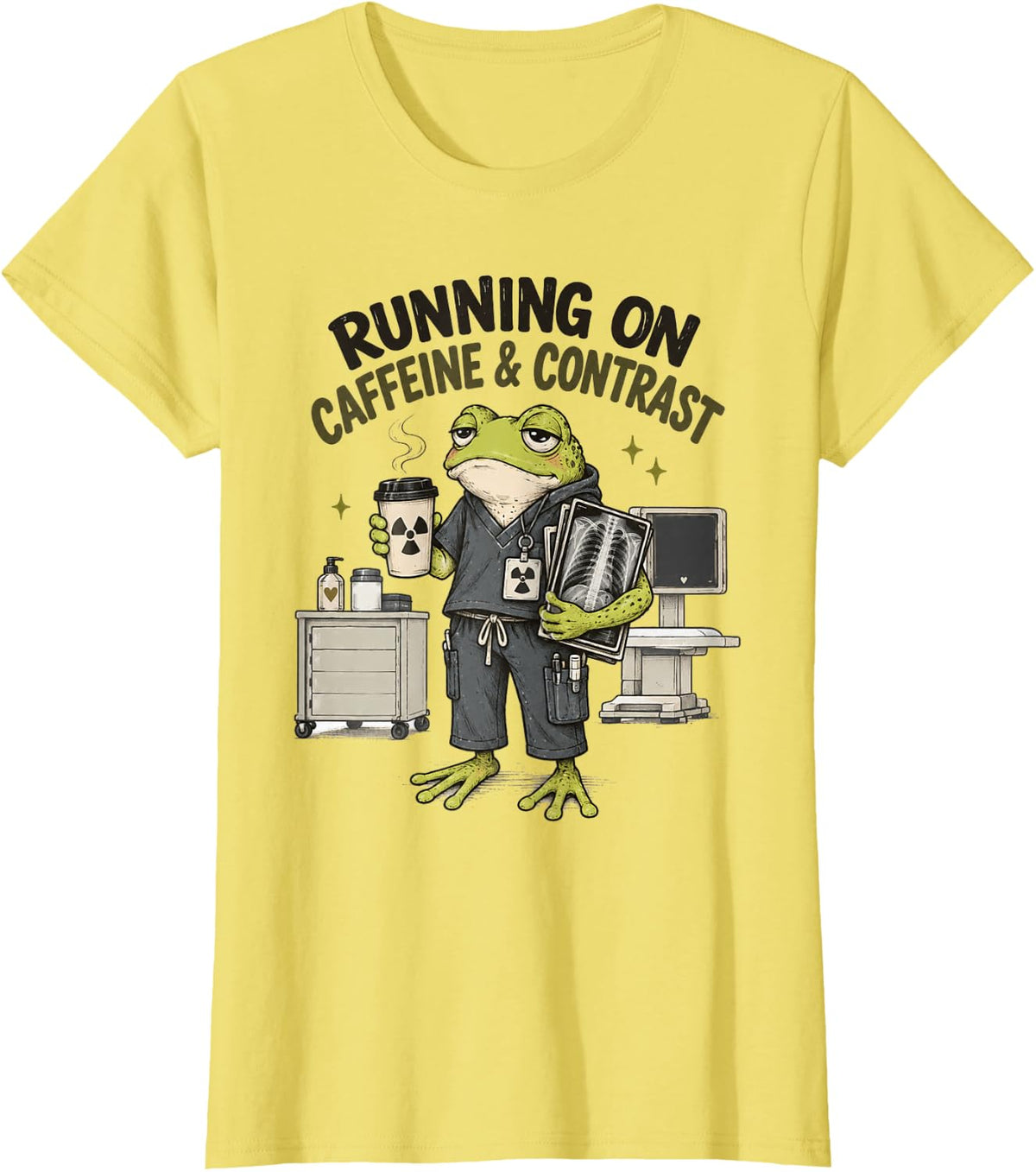 Coffee Radiology Rad Tech Frog Running On Caffeine Contrast T-Shirt - Lemon Yellow