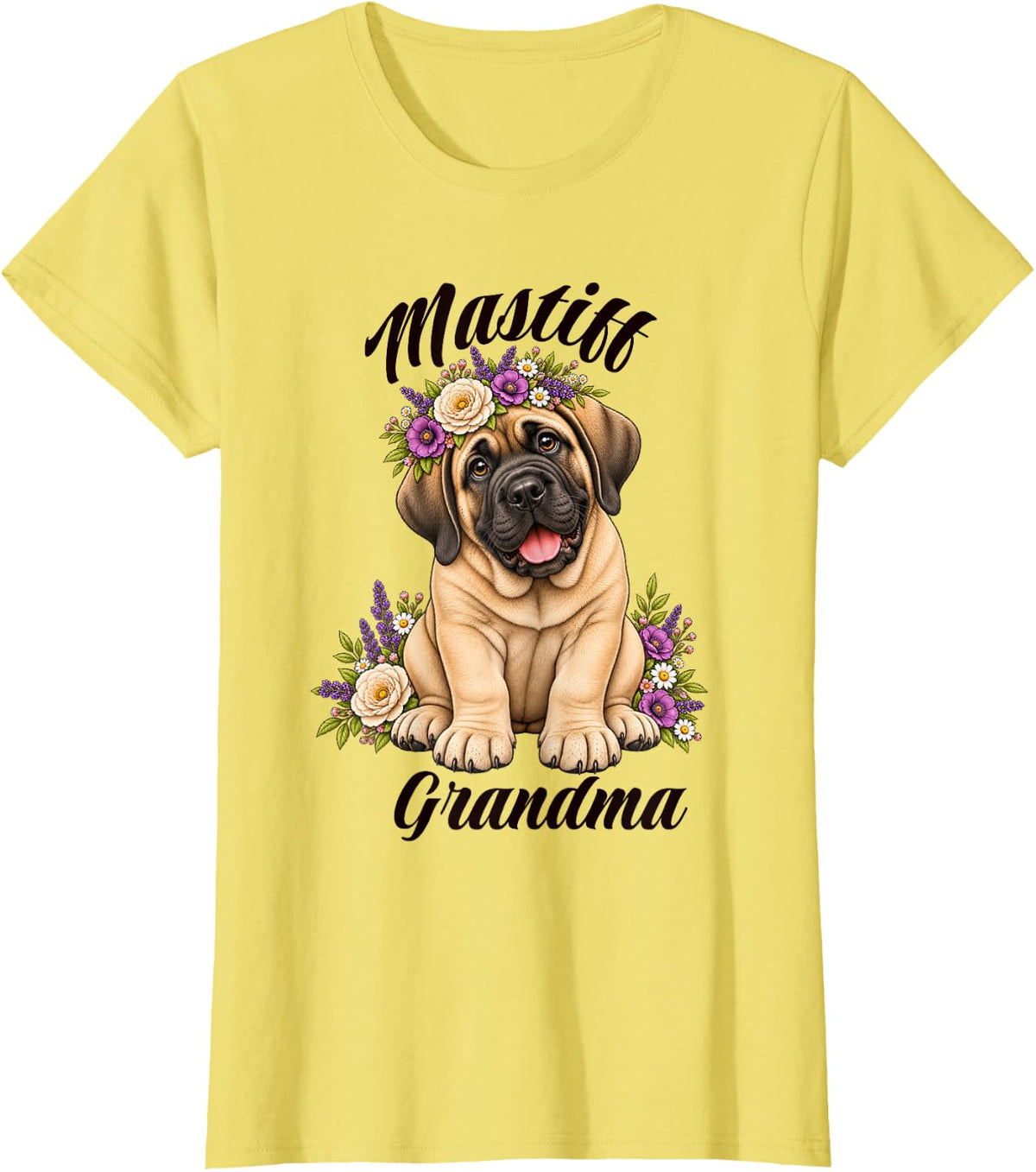 Mastiff Grandma Cute Puppy Flowers Crown Floral Dog T-Shirt - Lemon Yellow