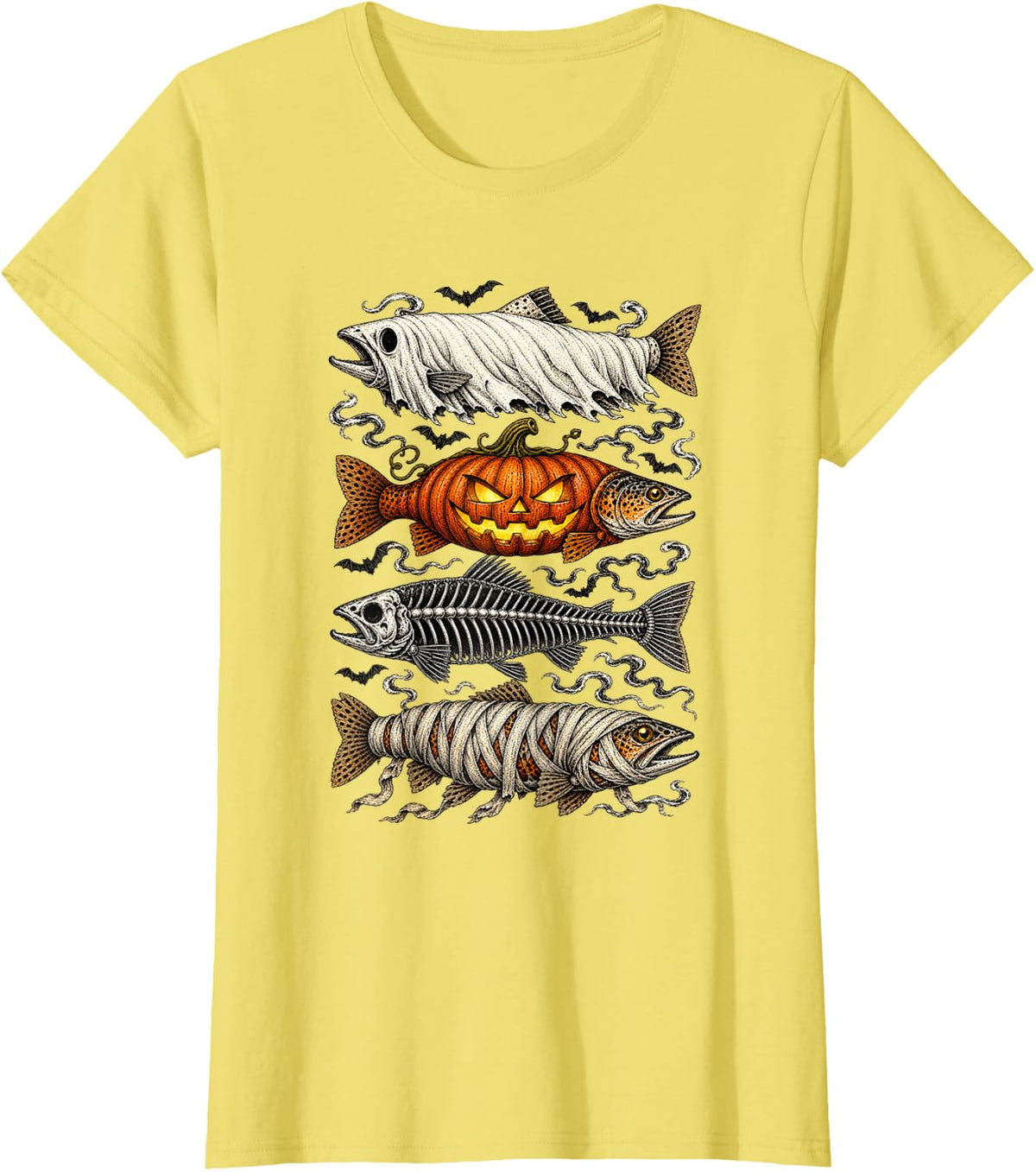 Halloween Fishing Trout Pumpkin Ghost Skeleton T-Shirt - Lemon Yellow